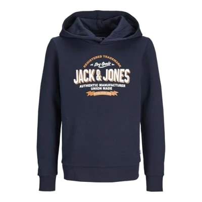 Image of JACK&amp;JONES JUNIOR Boy&#039;s JJELOGO SWEAT HOOD 2 COL 24/25 NOOS MNI Hooded Sweatshirt, Navy Blazer/Print:WHITE + MARMELADE,