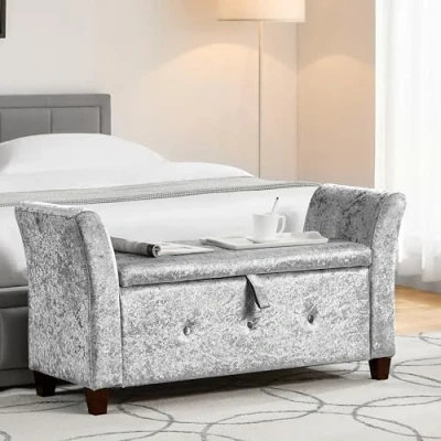 Image of Vida Designs Seville Storage Ottoman, Fabric Chest with Lid, Seat, Stool, Window Bench, Chest, Toy Box, Pouffe, Footstool, Silver Velvet