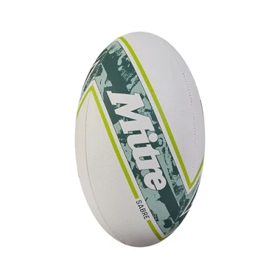 Image of Mitre Sabre D4P Rugby Ball Extra Strong Lining Full Weight Hugely Popular, White/Mint/Lime, 4