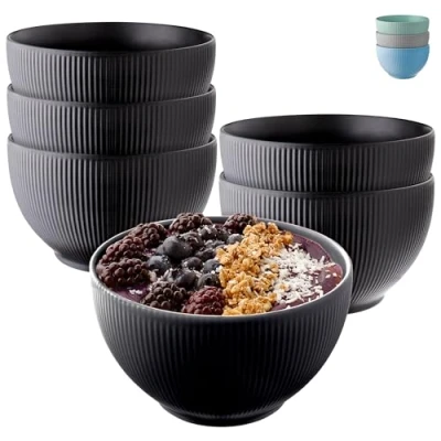 Image of Praknu Cereal Bowls Set of 6 Ceramic Black Matt Large Bowl Microwave &amp; Dishwasher Safe 700 ml Soup