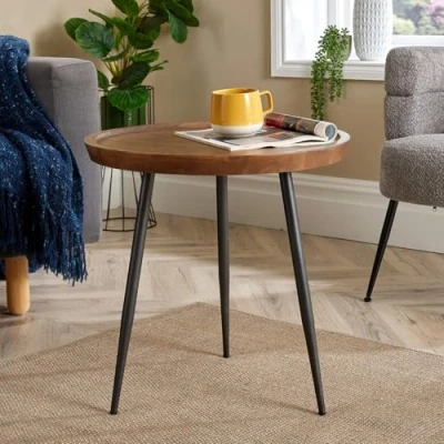 Image of Home Source Mango Wood Round Coffee Table, Grey Iron Legs, Walnut Finish, 55cm