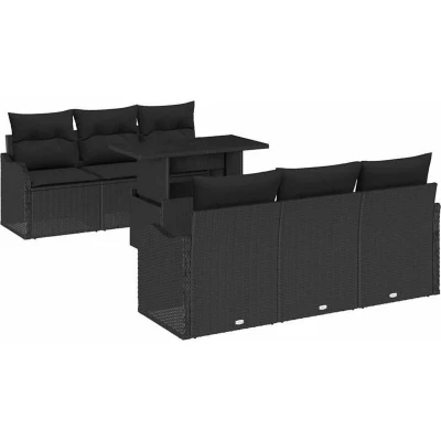 Image of vidaXL 7 Piece Garden Sofa Set with Cushions Black Poly Rattan