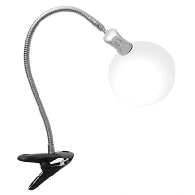 Image of PURElite Clip on Magnifying Light Table Lamp &amp; Desk Lamp, Flexible Neck, Natural LED Daylight Bulbs for Reading, Needlework, Sewing, Crafting, Battery Powered, Black,Silver