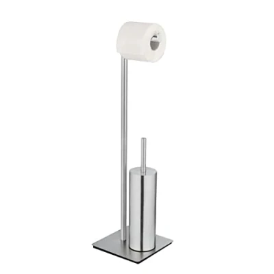 Image of WENKO Recco free standing toilet brush set, WC and roll holder made of satin finish stainless steel on a heavy base plate, incl. set with silicone head, 20 x 71.5 cm