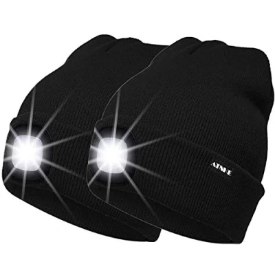 Image of ATNKE 2Pcs New Warm LED Lighted Beanie Cap Unisex USB Rechargeable Running Hat Ultra Bright 4 Waterproof Light Lamp Multi Color/Black