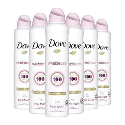 Image of Dove Invisible Care Anti perspirant Aerosol pack of 6 with ¼ moisturising cream deodorant that leaves no white marks 250 ml