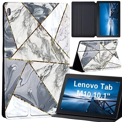 Image of Case for Lenovo Tab M10 TB X605F/ X605L/ X505F/ X505L, Leather Tri Fold Stand Cover 10.1 Inch Tablet, (grey triangle marble)