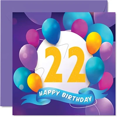 Image of 22nd Birthday Card for Men Women Balloon Party Happy Cards 22 Year Old Man Woman Brother Sister Son Daughter Grandson Granddaughter Cousin, 145mm x Bday Greeting Gift
