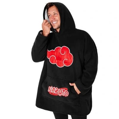 Image of Naruto Blanket Hoodie for Men and Teenagers Cosy Oversized Fleece One Size Sherpa Lined Anime Gifts (Black/Red)