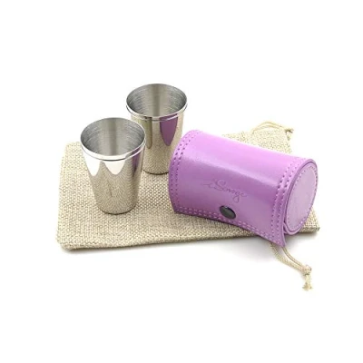 Image of iSavage Shot Glasses with Light Purple Leather Case 1.2oz Each, Set of 4, 18/8 Stainless Steel, 1pc Reusable Bag YM207