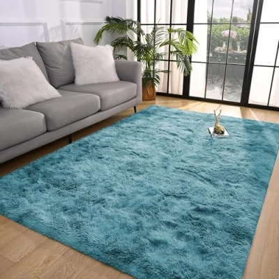Image of BedLooms Rugs Living Room Large 160x230 cm Tie Dye Teal Area for Bedroom Non Slip Modern Super Soft Plush Carpets Fluffy Shaggy Rug Lounge, Dining Shedding Bedside