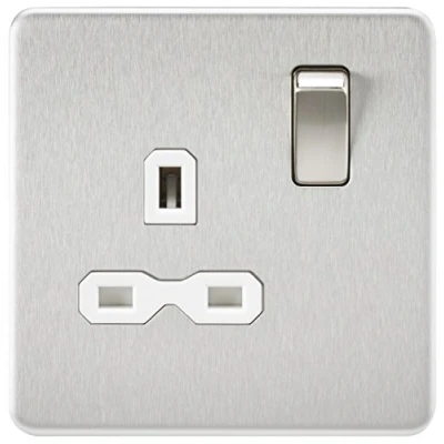 Image of KnightsBridge 1G 13A 230V Screwless Brushed Chrome UK 3 Pin Switched Electrical Wall Socket White Insert