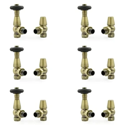 Image of Hot Flow Jordan Traditional Thermostatic Radiator Valve (Angled TRV) (Antique Brass 6 Pack Bundle)