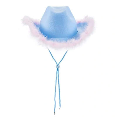 Image of Light Up Cowboy Hats for Women Fluffy Feather Brim LED Cowgirl Hat Bachelorette, Costume Party, Play Dress (Blue Pink Feather)