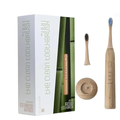 Image of The Clean Toothbrush Eco Friendly and Socially Responsible Electric with Waterproof IPX7 Smart Sonic Technology USB Charger Includes 2 Replacement Bamboo Heads