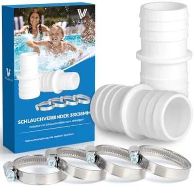 Image of Villkin 2 x hose connectors with 4 clamps for the pool, nozzle in pack of (38 mm 38 mm, white)