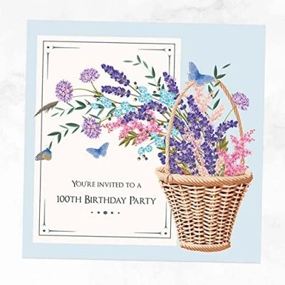 Image of Dotty about Paper 100th Birthday Invitations Flower Basket Pack of 10 (3049)