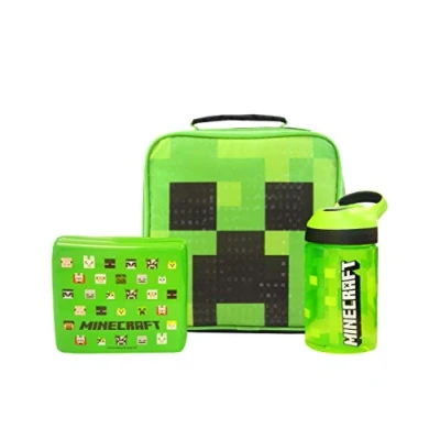 Image of Minecraft Lunch Box Set for Boys Kids Creeper Face School Bag, Water Bottle &amp; Snack Pot Childrens Gamer Merchandise One Size