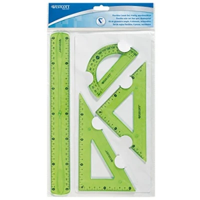 Image of Westcott Flexible Ruler set of 4 30 cm, 60 square/18 45 /13 180 protractor/12 cm Plastic Assorted Colors