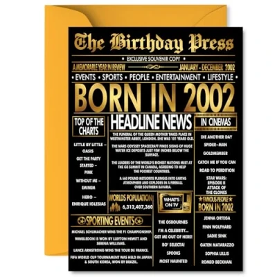 Image of Gold 23rd Birthday Card for Men Women Black &amp; Golden Newspaper Born in 2002 Happy 23 Cards Granddaughter Uncle Cousin Sister Niece Daughter, 5x7 Inch Bday Greeting