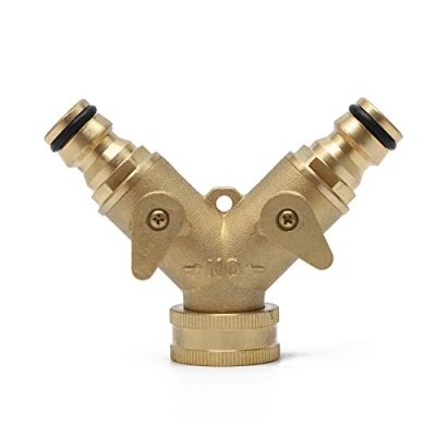 Image of KATSU 2 Way Brass Tap Garden Hose Splitter, Y Valve Double Water Divider Adaptor Irrigation Connector with Individual On/Off Valves for Outdoor Cleaning Watering