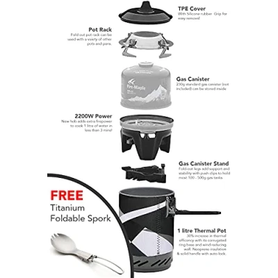 Image of Fire Maple 2022 Version FMS X2 Ultralight Compact Windproof Cooking Jet Boiler Stove Titanium Spork Piezo Ignition Support &amp; Stand (Black 2200W)