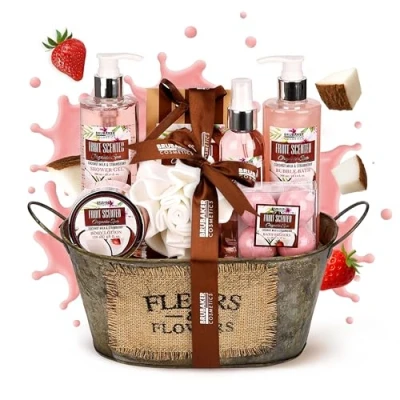 Image of BRUBAKER Cosmetics &#039;Coconut Milk &amp; Strawberry&#039; 10 Pieces Bath Gift Set in Vintage Tub