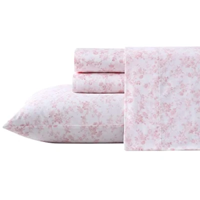 Image of Laura Ashley Home King Sheet Set, Soft Sateen Cotton Bedding Set Sleek, Smooth, &amp; Breathable