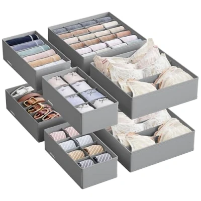Image of SONGMICS Set of 8 Underwear Drawer Organisers, Dividers, Foldable, for Bras Undies Socks Ties, Fabric Storage Boxes Closet Wardrobe Shelves, Dove Grey RUS008G01