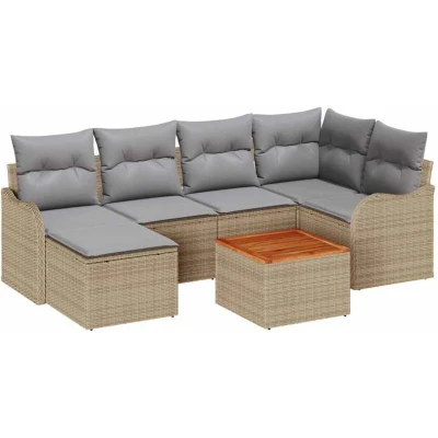 Image of vidaXL 7 Piece Garden Sofa Set with Cushions Beige Poly Rattan Acacia