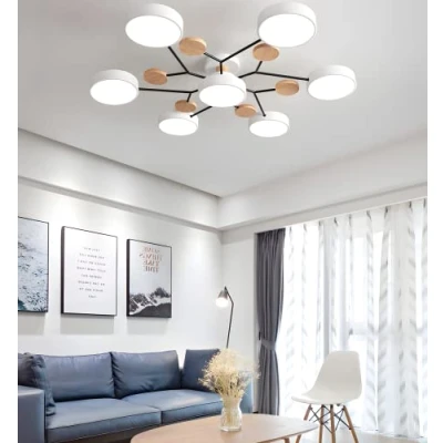 Image of Modern Semi Flush Mount Ceiling Light Nordic White LED Lamp Circular Acrylic 7 Heads Chandelier Sputnik Fixture with Wood Decoration for Living Room Dining Bedroom