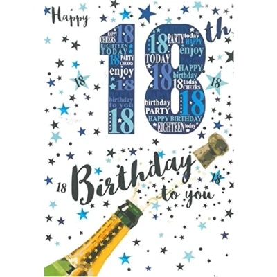 Image of Age 18 Male Birthday Card 18th Champagne Stars &amp; Silver Foil 7.5x5.25