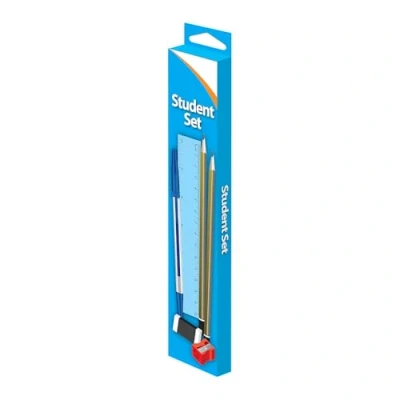 Image of 1ABOVE Student Stationery Set, 6 Pieces, HB Pencils, Blue Ball Pen, 15cm Ruler, Eraser, Sharpener