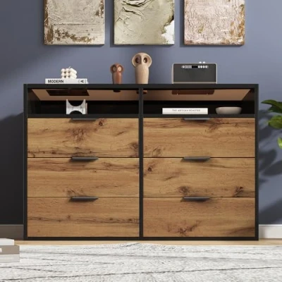 Image of Merax Sideboard Cabinet Dresser with 6 Drawers and 2 Open Shelves, Amber Glass Chest of Drawers, Anti Tip, 120 x 40 80 cm, Oak Ideal for Living Room, Bedroom, Children&#039;s Room