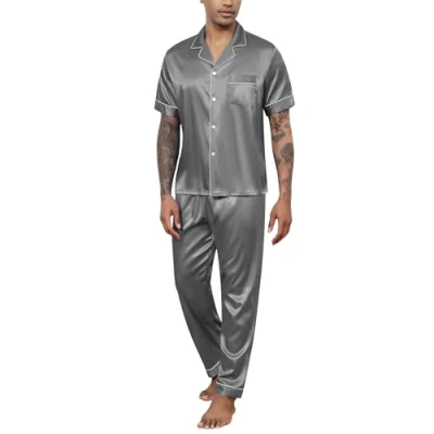 Image of Reliwel Mens Pyjamas Set Silk Short Sleeve Button down Shirt and Long Pants Silky Pjs Notch Collar Loungewear Sleepwear Nightwear S Xxl Grey