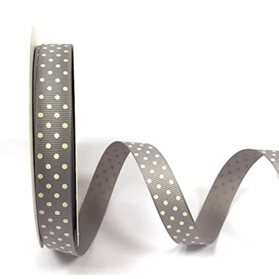 Image of Bertie&#039;s Bows Grey &amp; Ivory Polka Dot 16mm Grosgrain Ribbon on a 25m Reel