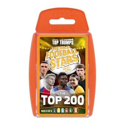 Image of Top Trumps World Football Stars 200 Card Game Pack 6, Virgil Van Dijk, Thomas Muller, Saka and Odegaard educational gift for ages 6 plus