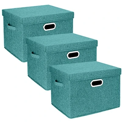 Image of TYEERS Large Storage Box with Lid, Collapsible, Washable, Fabric for Clothes, Wardrobe Storage, 44x30x29 cm, Set of 3, Aqua Deep
