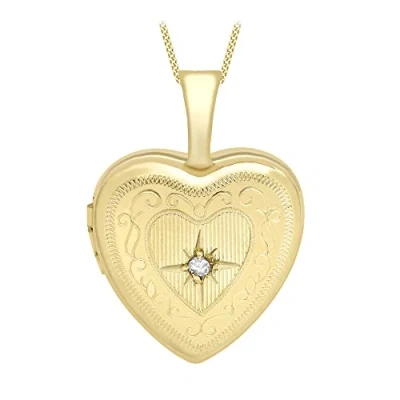 Image of Carissima Gold Women&#039;s 9ct Yellow Small Diamond Set Etched Heart Locket on Curb Chain of 46cm/18&quot;