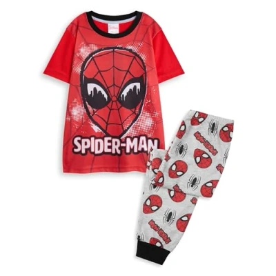 Image of Marvel Spiderman Boys 2 Piece Pyjama Set Kids Red &amp; Grey All Over Print Long Leg Bottoms Night Top Childrens Short Sleeve PJs with Spideman Character Mask Graphic Superhero Movie Gift