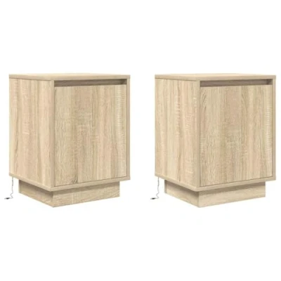 Image of vidaXL bedside cabinets with LED lights oak engineered wood nightstand 38x34x50 cm modern bedroom storage 2 drawers freestanding illuminated side table