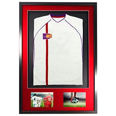 Image of Vivarti DIY Adult 3D Mounted + Double Aperture Sports Shirt Display Frame for Football Shirt, Rugby Band T Shadow Box 61 x 91.5cm Black Frame, Red Mount, Backing Card