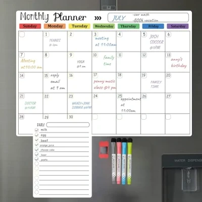 Image of Hivillexun Dry Erase Magnetic Whiteboard for Refrigerator Monthly Fridge with Calendar, Includes 4 Markers, 1 Eraser,Monthly and Daily