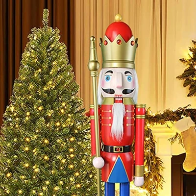 Image of CDL 120cm 48&quot; 4Ft Tall Life Size Large/Giant Red/Blue Christmas Wooden Nutcracker Soldier Ornament On Stand Hold Scepter Xmas/Event/Ceremonies/Commercial Indoor Outdoor Decoration (Red King K08)