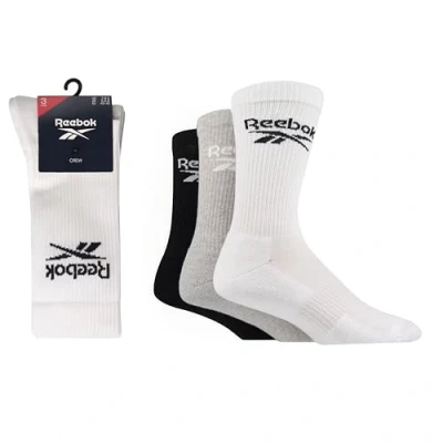 Image of Mens and Women&#039;s 3 Pair Reebok Core Ribbed Cotton Crew Socks White / Grey Black 6.5 8 UK