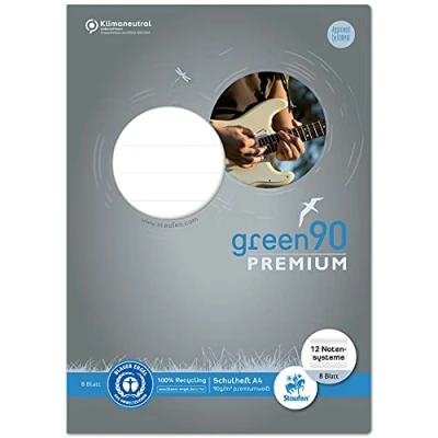 Image of Staufen 040790014 Music Book Green, DIN A4, 12 System, 8 Sheets, Premium White 90 g/m² Recycled Paper, Round Corners Prevent Donkey Ears, 1 Piece