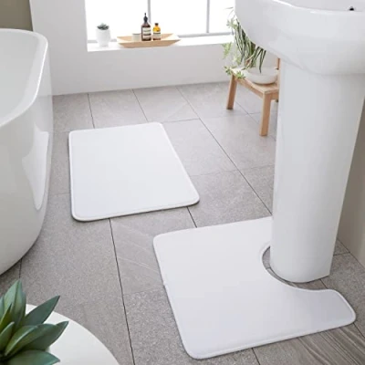 Image of Catherine Lansfield Anti Bacterial Memory Foam Bath Mat and Pedestal Set White