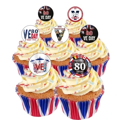 Image of 48 VE Day 80th ANNIVERSARY Victory Europe WW2 Remembrance Edible Wafer Paper Cake Toppers Decorations