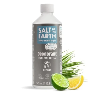 Image of Natural Deodorant Roll On Refill by Salt of the Earth, Vetiver &amp; Citrus Vegan, Long Lasting Protection, Leaping Bunny Approved, Made in UK 525ml
