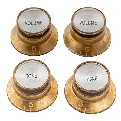 Image of Musiclily Pro Left Handed Imperial Inch Size Guitar Top Hat Bell 2 Volume Tone Reflector Knobs Set Compatible with USA Made Les Paul Style, Gold Silver